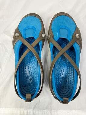 Crocs Celeste Women's Blue and Brown Criss Cross Strap Mary Jane Flats